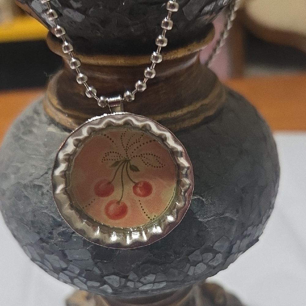 Silver-Tone Bottle Cap Cherry Pendant Necklace in Red